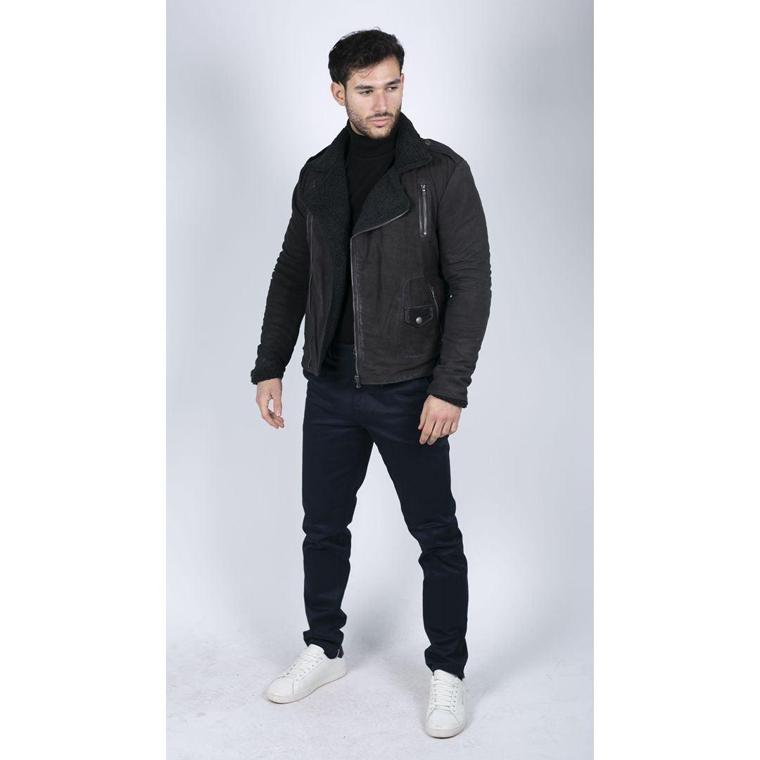 Mens Black Brown Cross Zip Real Leather Biker Jacket Fleece Lined Fitted Smart Casual - Knighthood Store