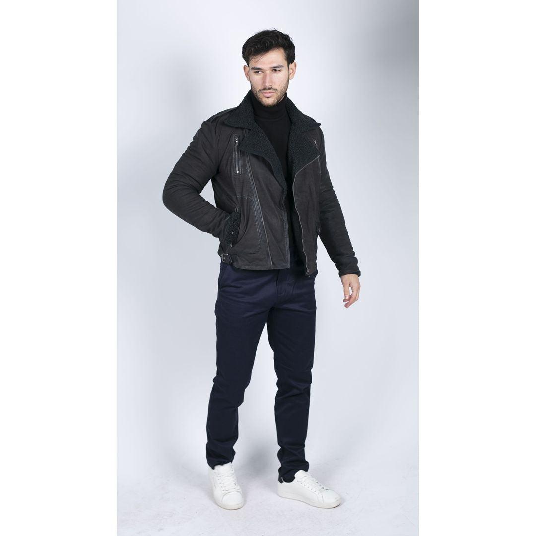 Mens Black Brown Cross Zip Real Leather Biker Jacket Fleece Lined Fitted Smart Casual - Knighthood Store