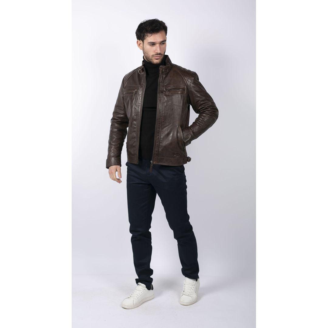 Mens Retro Style Zipped Biker Jacket Real Leather Soft Black Casual - Knighthood Store