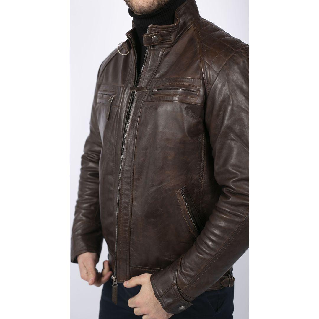 Mens Retro Style Zipped Biker Jacket Real Leather Soft Black Casual - Knighthood Store