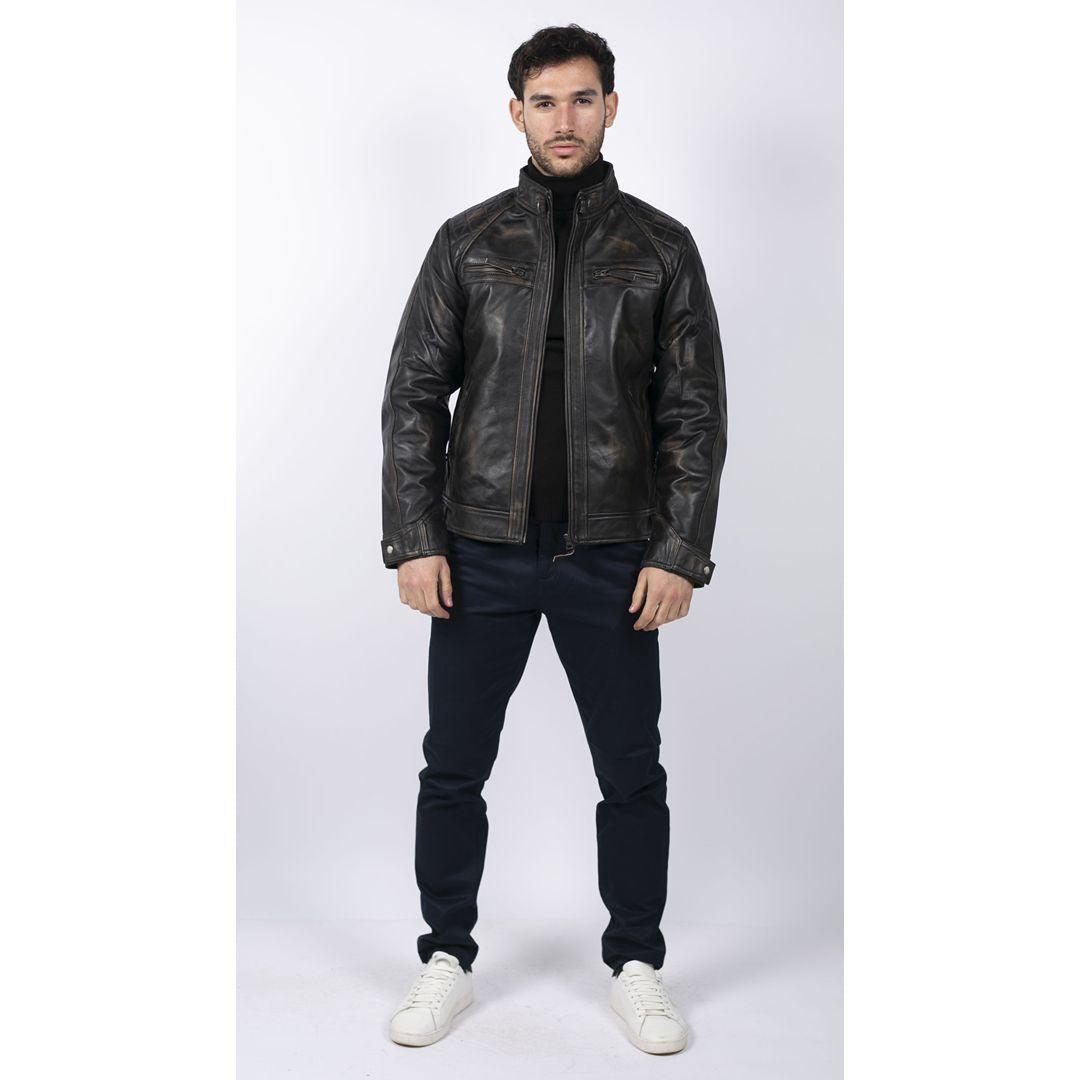 Mens Retro Style Zipped Biker Jacket Real Leather Soft Black Casual - Knighthood Store