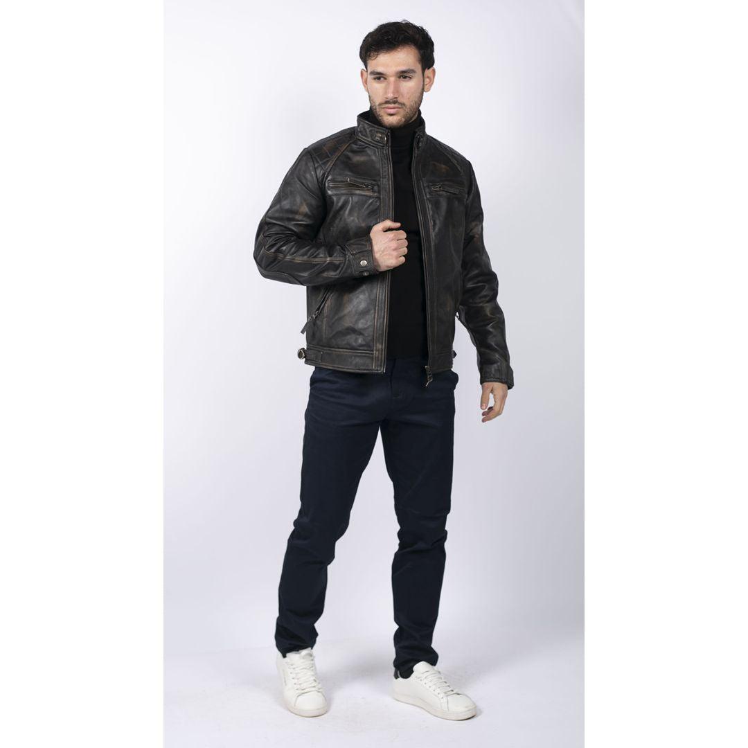 Mens Retro Style Zipped Biker Jacket Real Leather Soft Black Casual - Knighthood Store