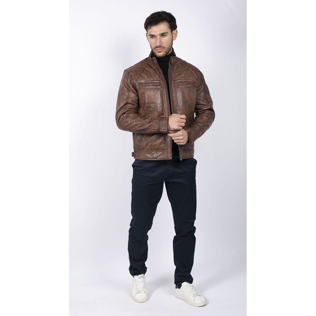 Mens Retro Style Zipped Biker Jacket Real Leather Soft Black Casual - Knighthood Store