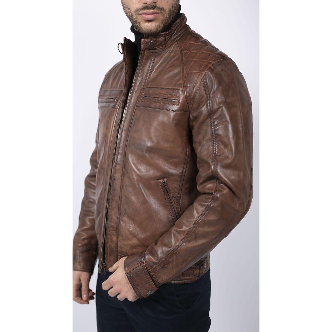 Mens Retro Style Zipped Biker Jacket Real Leather Soft Black Casual - Knighthood Store