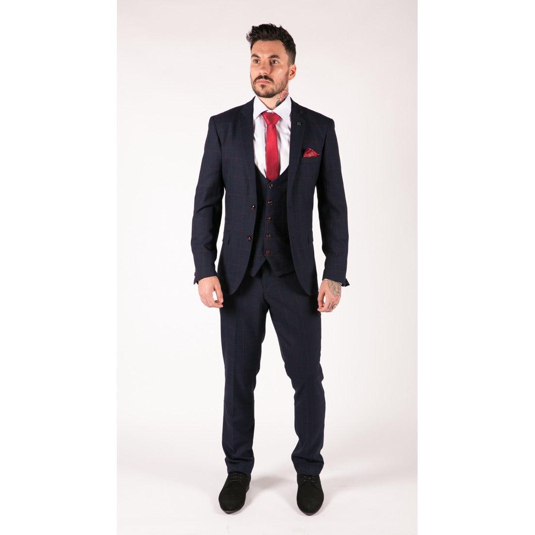 Mens Navy Check 3 Piece Suit Red Edinson Marc Darcy Classic Vintage Wedding - Knighthood Store