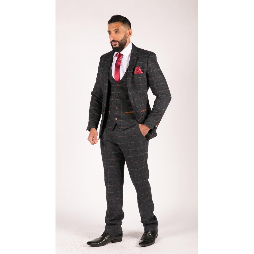 Mens Navy Blue Wine Check Herringbone Tweed Vintage 3 Piece New Marc Darcy Suit - Knighthood Store