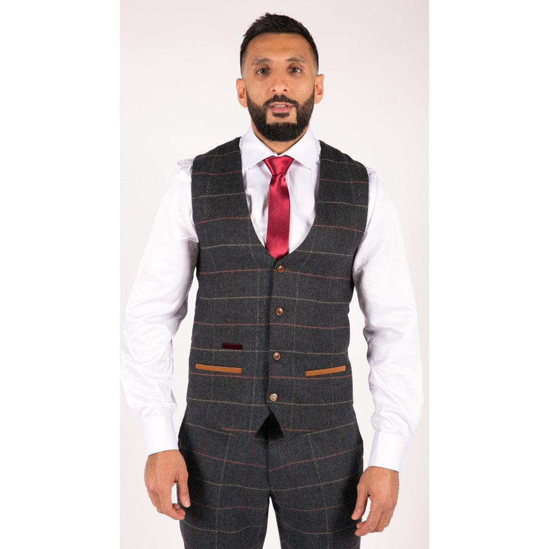 Mens Navy Blue Wine Check Herringbone Tweed Vintage 3 Piece New Marc Darcy Suit - Knighthood Store
