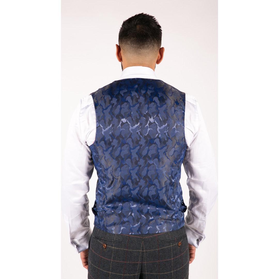 Mens Navy Blue Wine Check Herringbone Tweed Vintage 3 Piece New Marc Darcy Suit - Knighthood Store