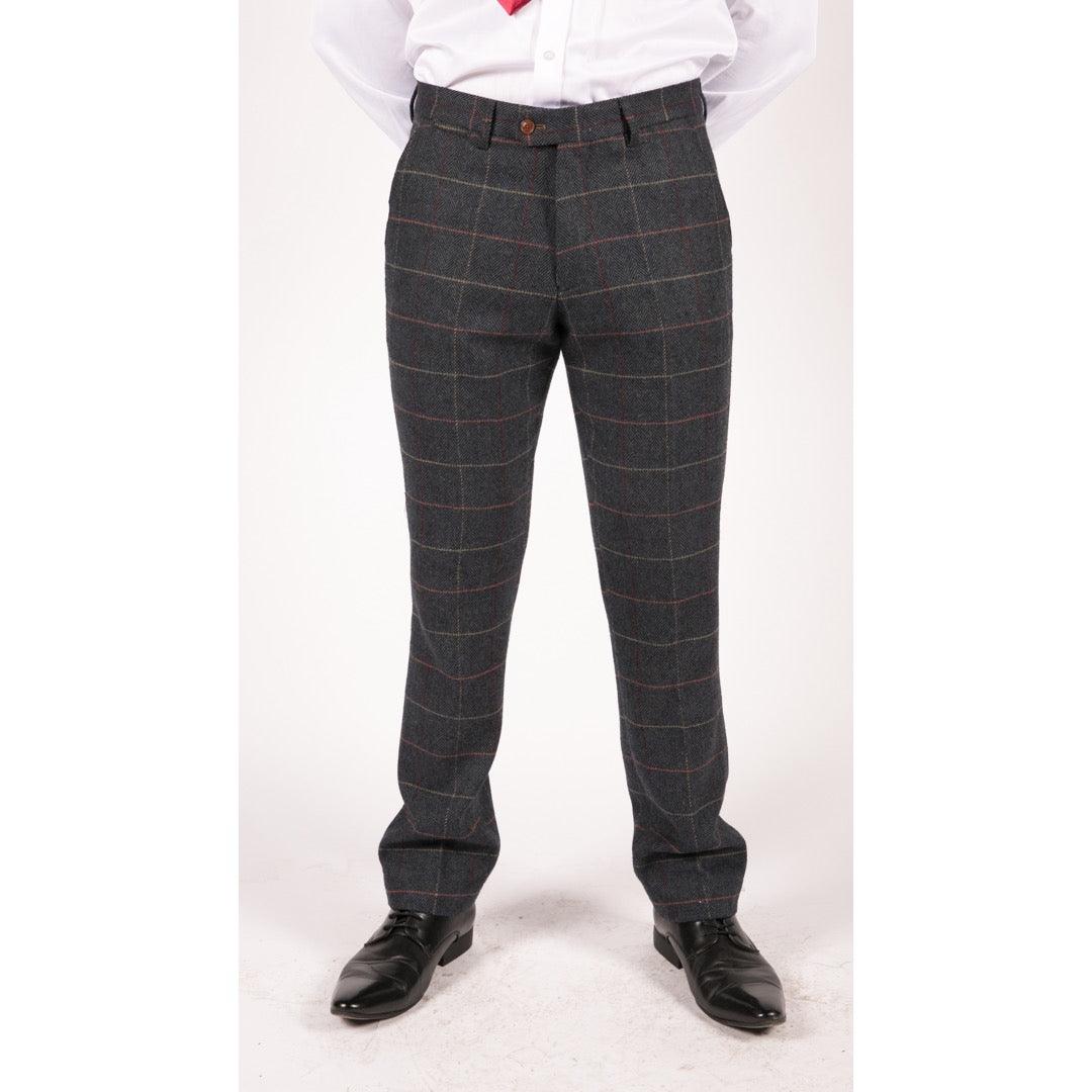 Mens Navy Blue Wine Trousers Check Herringbone Tweed Vintage New Marc Darcy - Knighthood Store