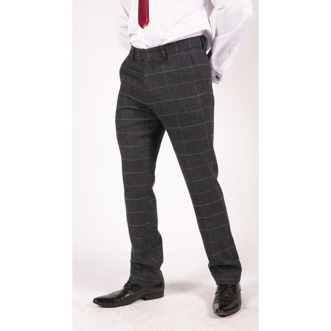 Mens Navy Blue Wine Trousers Check Herringbone Tweed Vintage New Marc Darcy - Knighthood Store