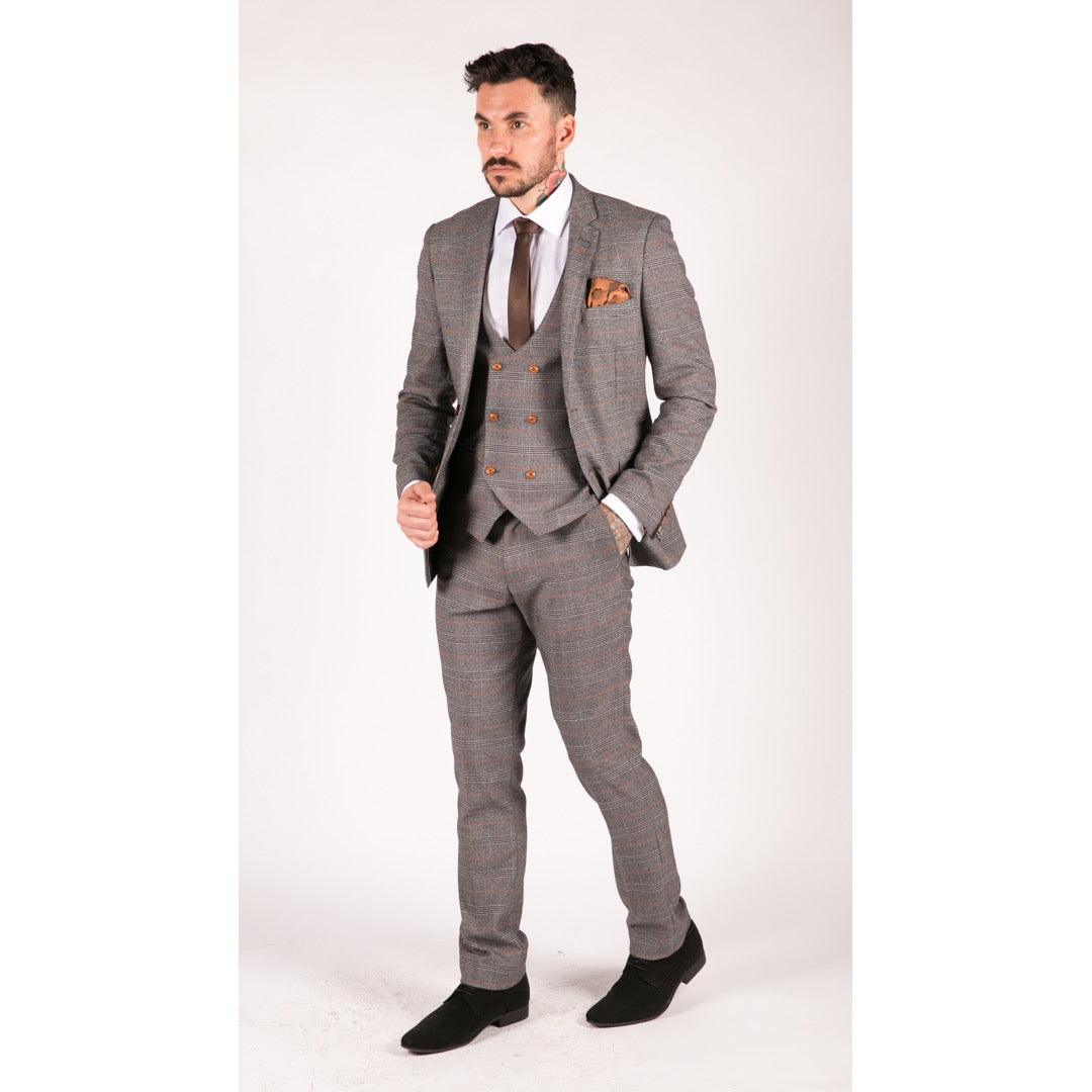 Mens 3 Piece Navy Blue Tan Check Double Breasted Waistcoat Formal Suit Classic - Knighthood Store