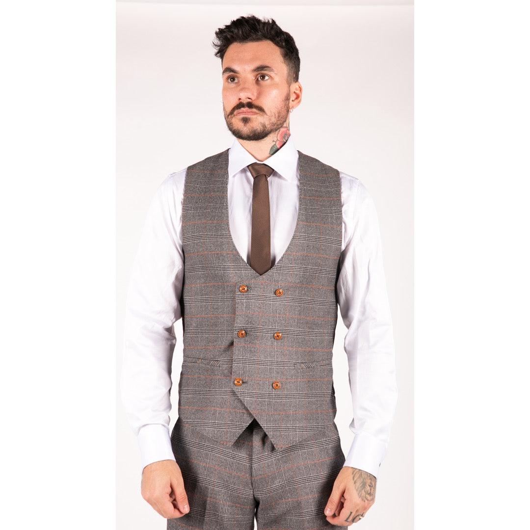 Mens 3 Piece Navy Blue Tan Check Double Breasted Waistcoat Formal Suit Classic - Knighthood Store