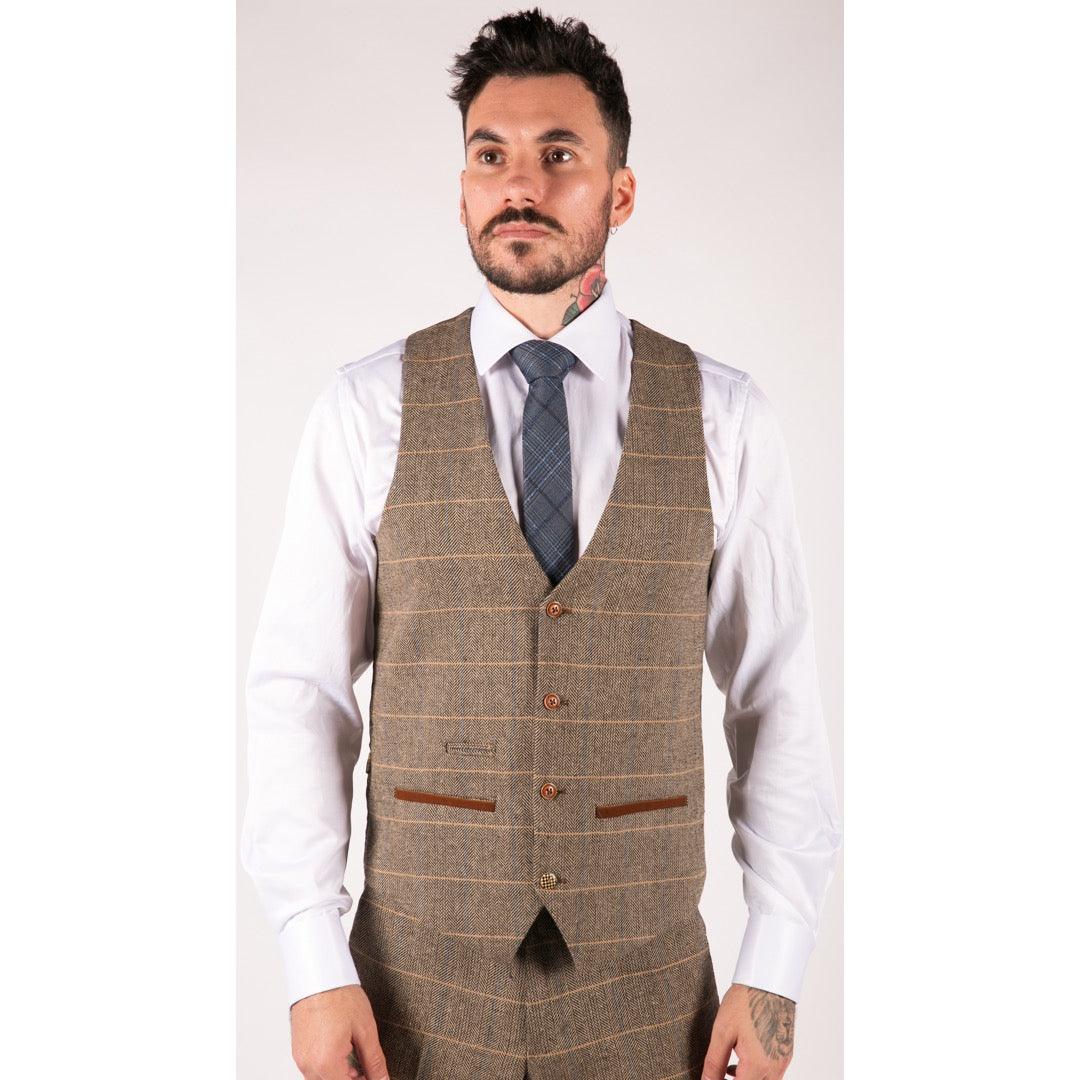Mens Vintage Tweed Check Waistcoat Herringbone Tan Brown Grey Slim Fit Velvet Trim - Knighthood Store