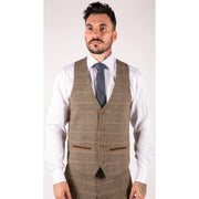 Mens Vintage Tweed Check Waistcoat Herringbone Tan Brown Grey Slim Fit Velvet Trim - Knighthood Store