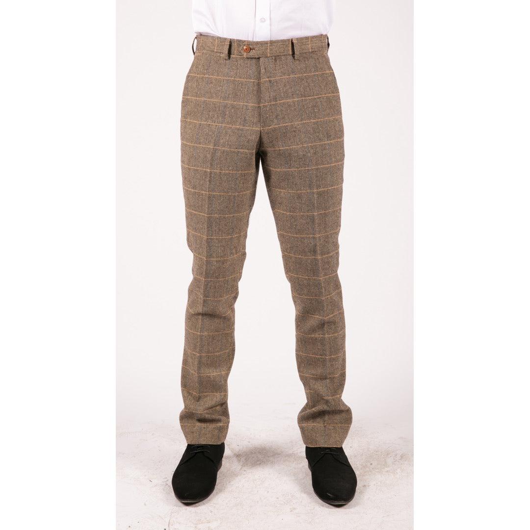 Mens Vintage Tweed Check Trouser Herringbone Tan Brown Slim Fit Regular - Knighthood Store