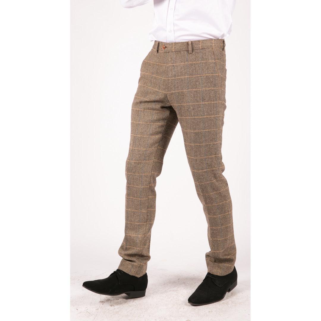 Mens Vintage Tweed Check Trouser Herringbone Tan Brown Slim Fit Regular - Knighthood Store