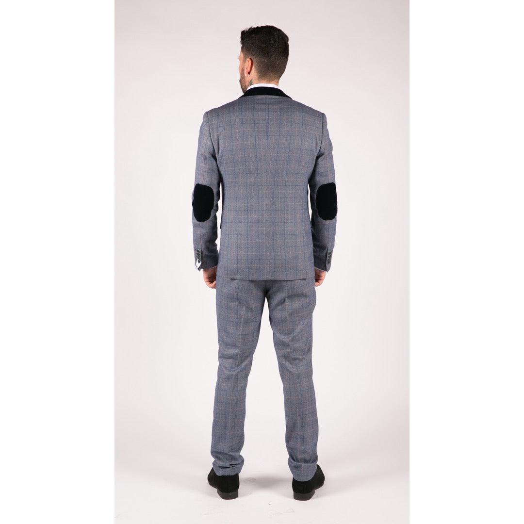 Mens Blue Check Marc Darcy 3 Piece Suit Double Breasted Waistcoat Elbow Patch - Knighthood Store