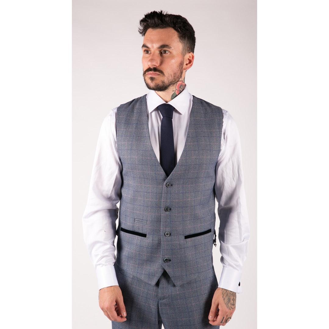 Mens Blue Check Marc Darcy 3 Piece Suit Double Breasted Waistcoat Elbow Patch - Knighthood Store
