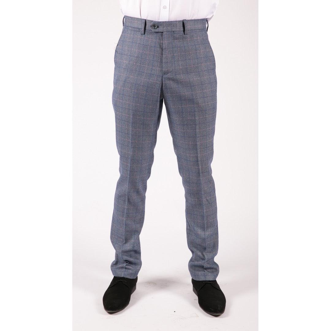 Mens Light Blue Check Marc Darcy Trousers Hilton Tailored Fit Slim Wedding - Knighthood Store