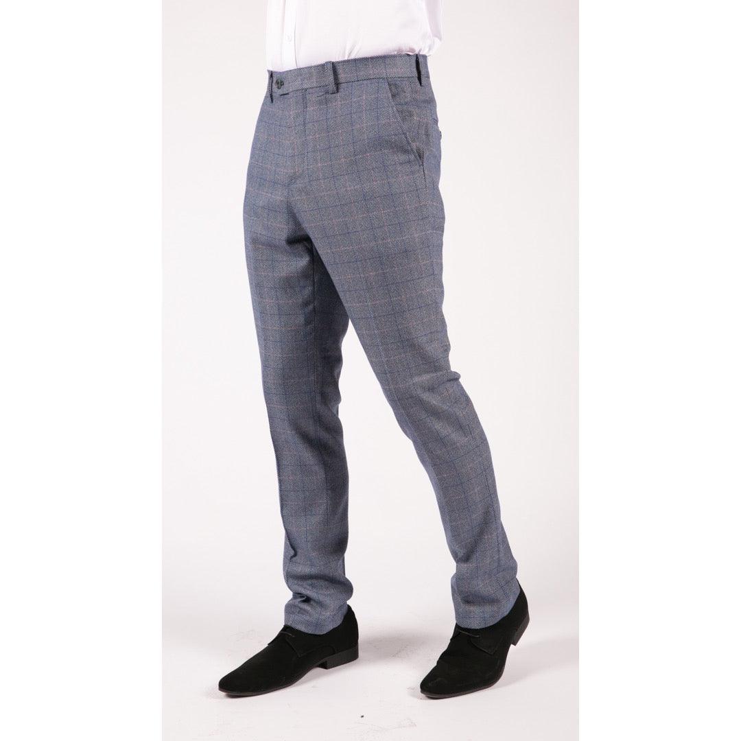 Mens Light Blue Check Marc Darcy Trousers Hilton Tailored Fit Slim Wedding - Knighthood Store