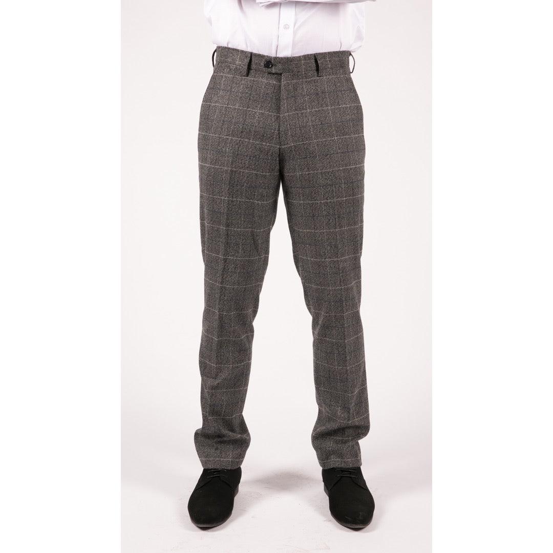 Mens Blue Herringbone Tweed Trousers Vintage Tailored Fit Grey Blue Wedding - Knighthood Store