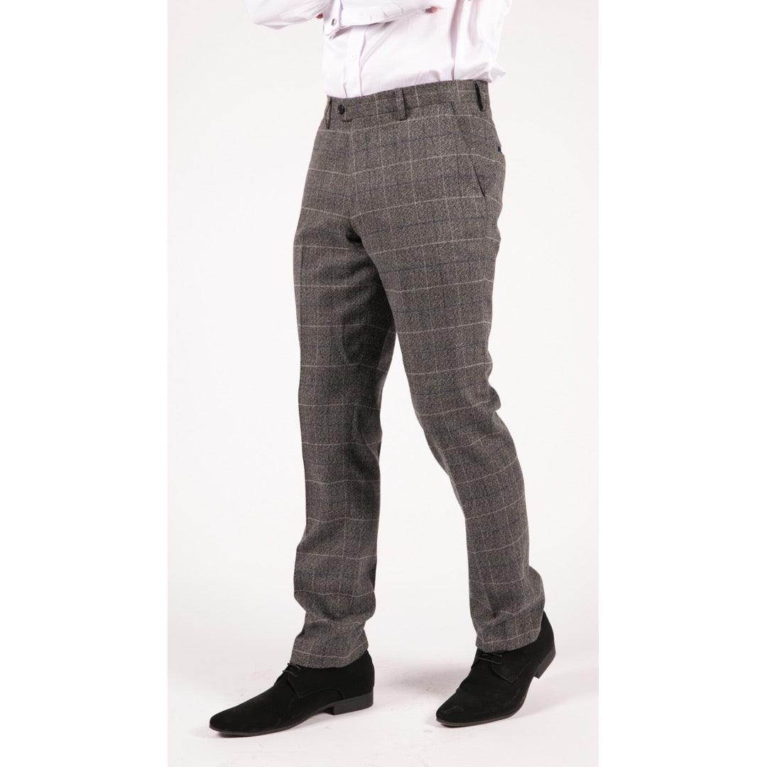 Mens Blue Herringbone Tweed Trousers Vintage Tailored Fit Grey Blue Wedding - Knighthood Store