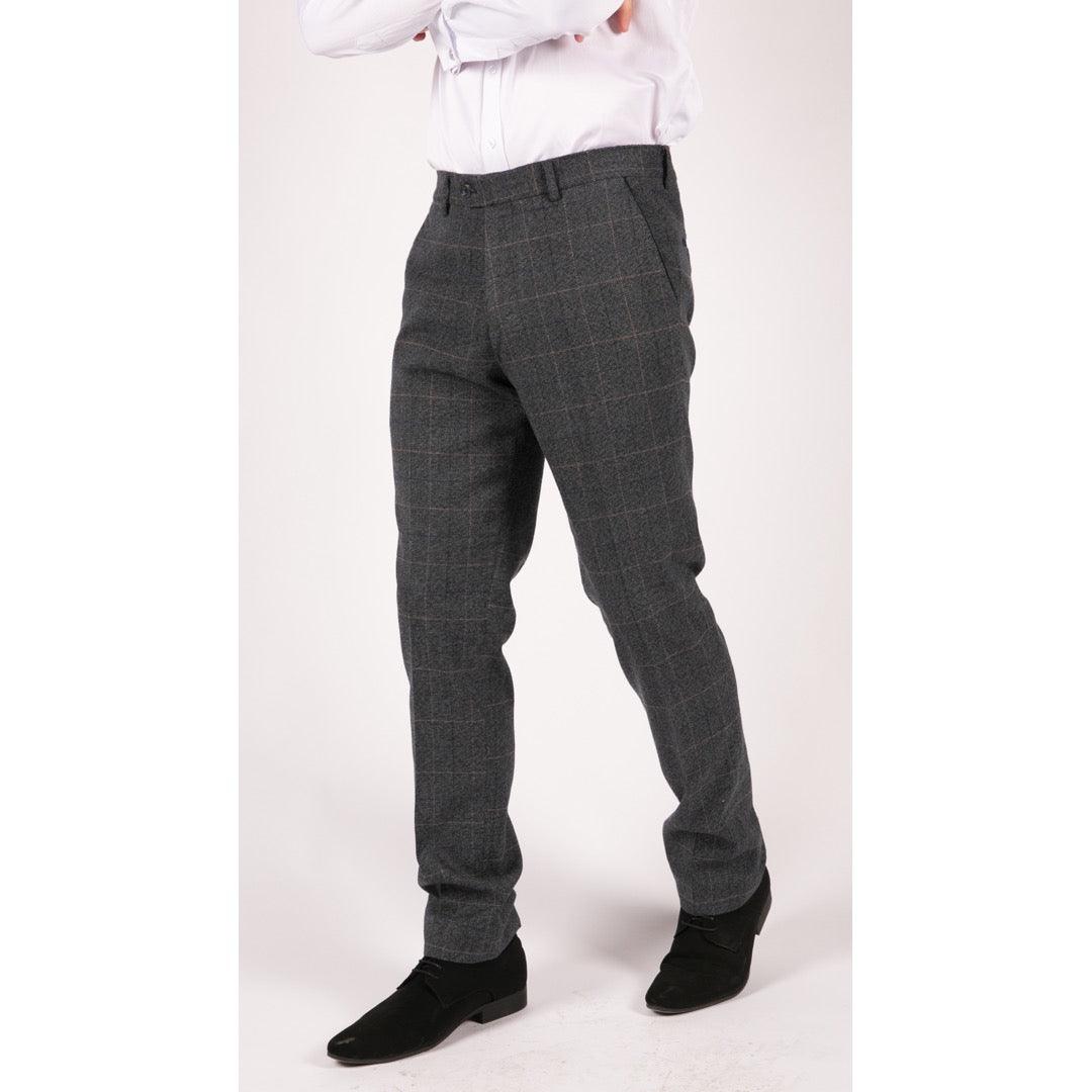 Mens Blue Herringbone Tweed Trousers Vintage Tailored Fit Grey Blue Wedding - Knighthood Store