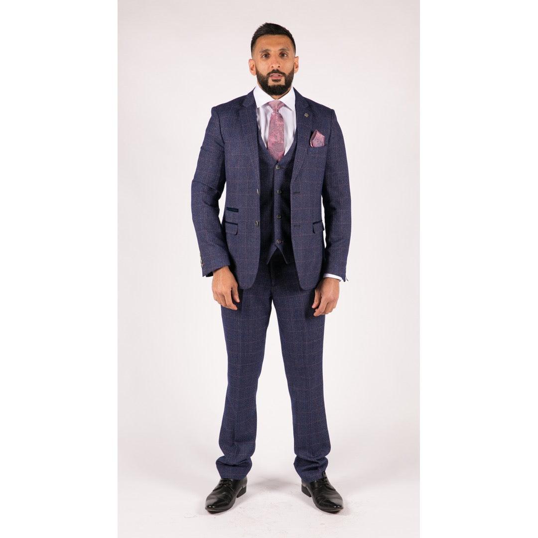 Mens Navy Blue 3 Piece Suit Double Breasted Waistcoat Tan Prince Of Wales Check - Knighthood Store