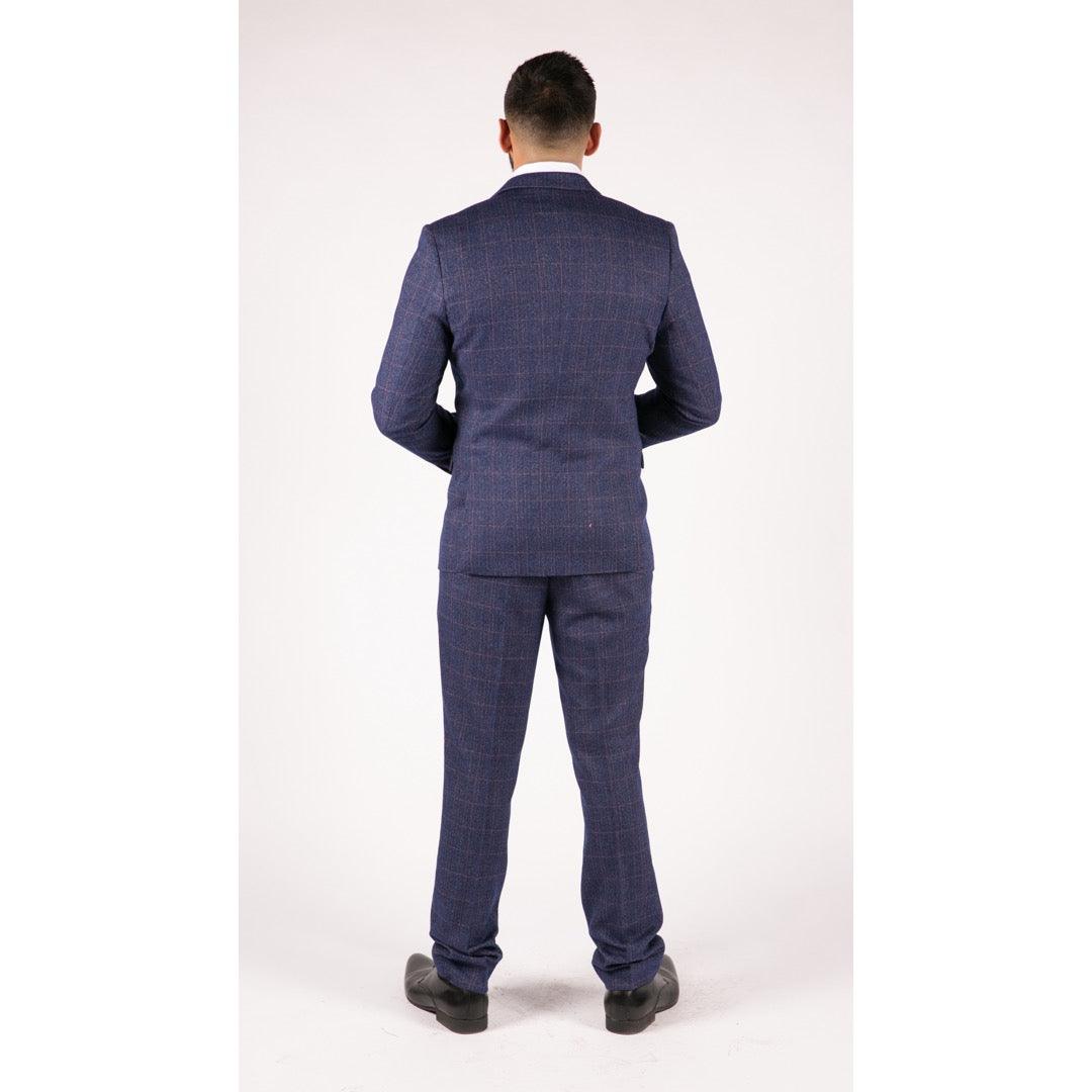 Mens Navy Blue 3 Piece Suit Double Breasted Waistcoat Tan Prince Of Wales Check - Knighthood Store