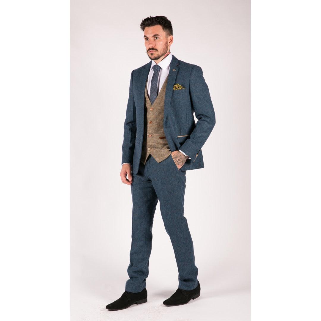 Mens Blue Tan Brown 3 Piece Herringbone Tweed Check Vintage Tailored Fit Suit - Knighthood Store