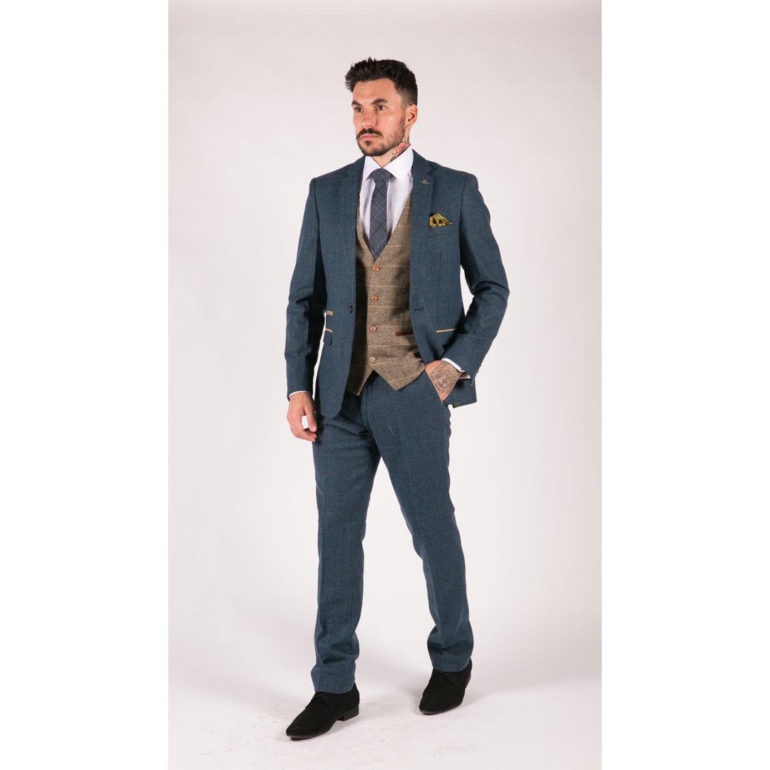 Mens Blue Tan Brown 3 Piece Herringbone Tweed Check Vintage Tailored Fit Suit - Knighthood Store