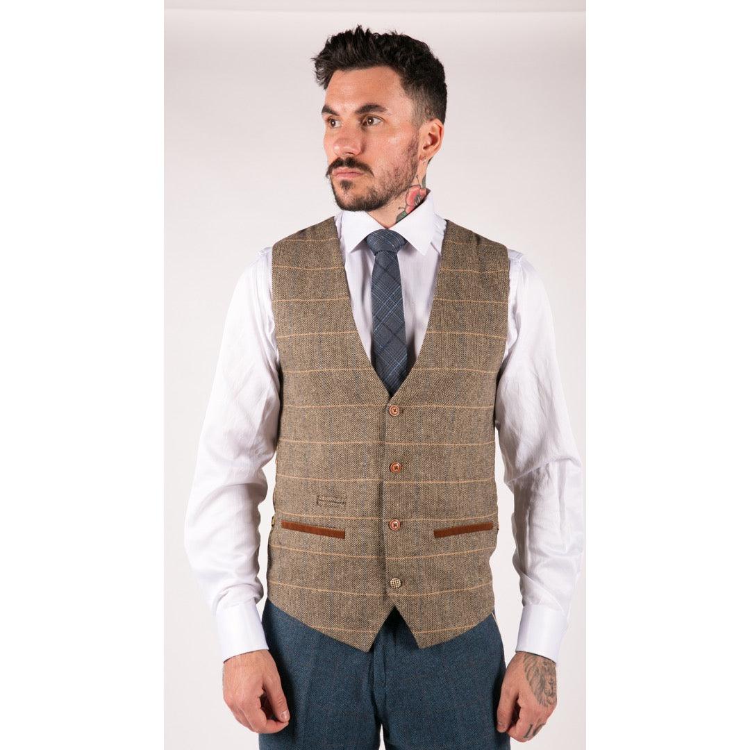 Mens Blue Tan Brown 3 Piece Herringbone Tweed Check Vintage Tailored Fit Suit - Knighthood Store