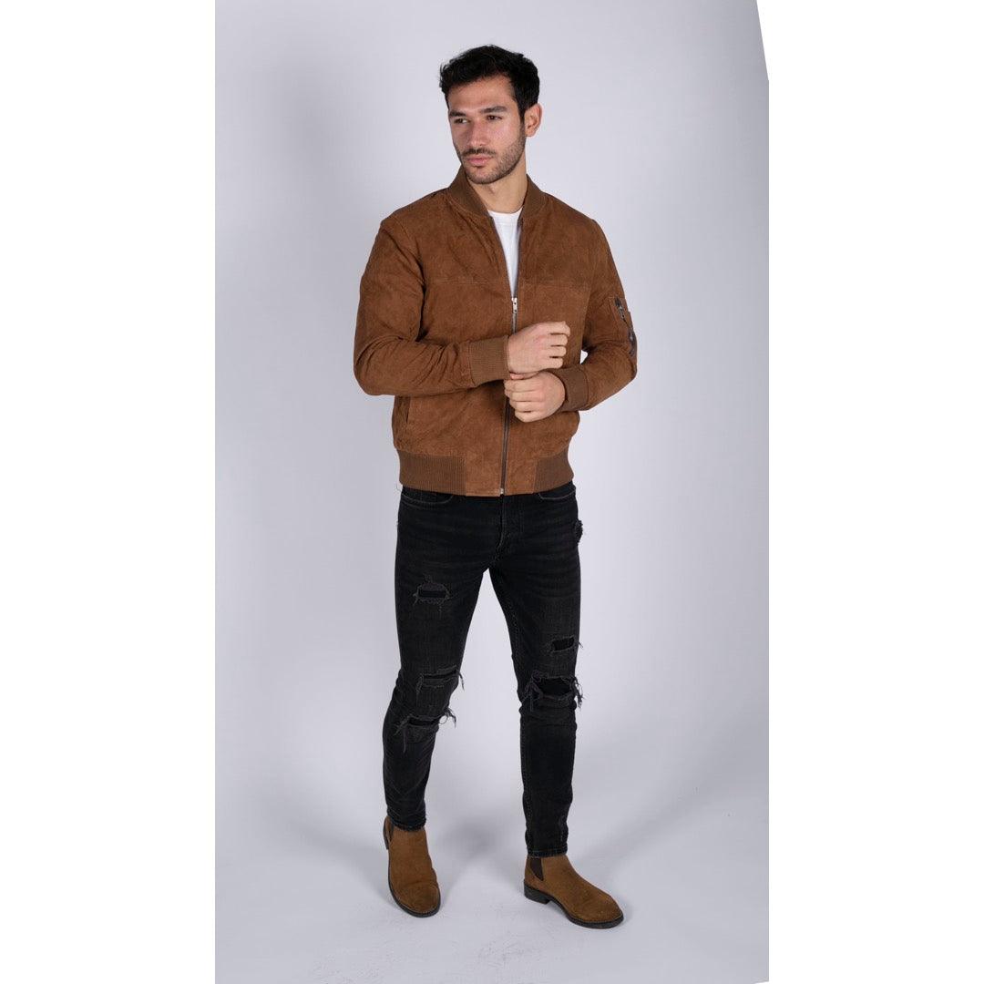 Mens Real Suede Leather Varsity Bomber College Jacket Classic Retro Vintage Camel Black - Knighthood Store