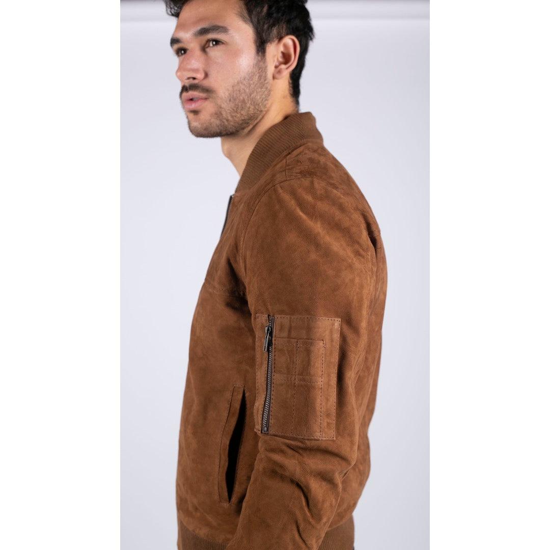 Mens Real Suede Leather Varsity Bomber College Jacket Classic Retro Vintage Camel Black - Knighthood Store