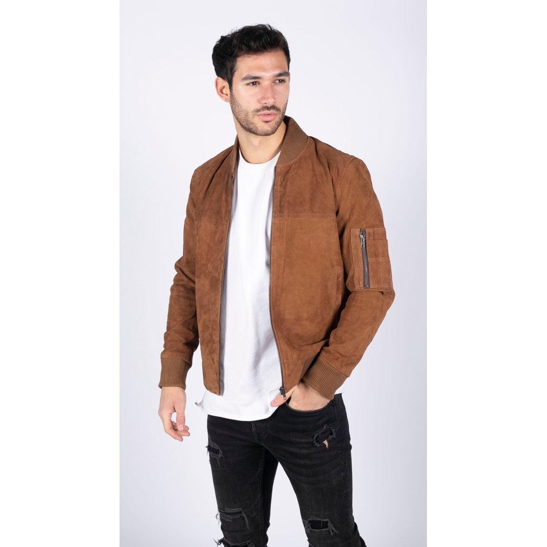 Mens Real Suede Leather Varsity Bomber College Jacket Classic Retro Vintage Camel Black - Knighthood Store