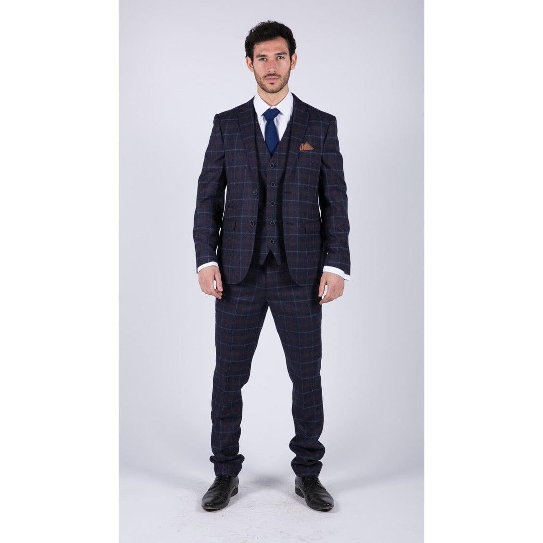 Mens 3 Piece Blue Suit Herringbone Tweed Check Tailored Fit 1920s Wedding Prom - Knighthood Store