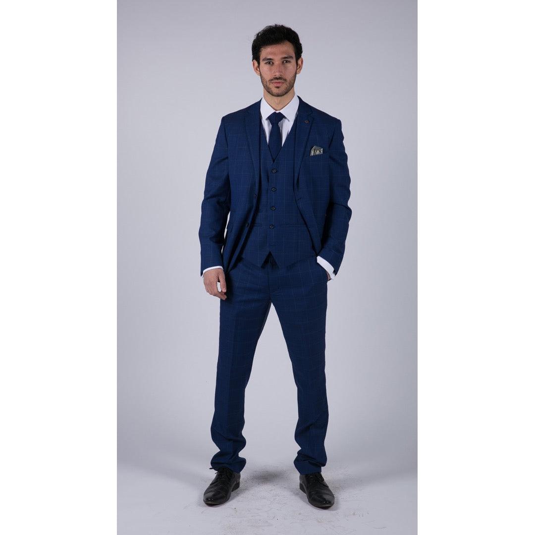 Mens 3 Piece Suit Royal Blue Prince Of Wales Check Suit Classic Wedding Formal - Knighthood Store