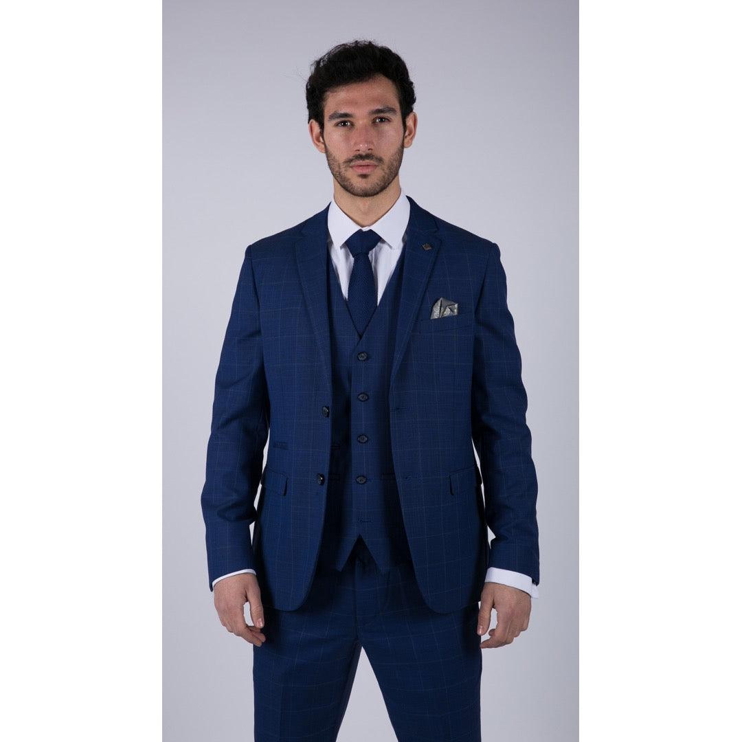 Mens 3 Piece Suit Royal Blue Prince Of Wales Check Suit Classic Wedding Formal - Knighthood Store