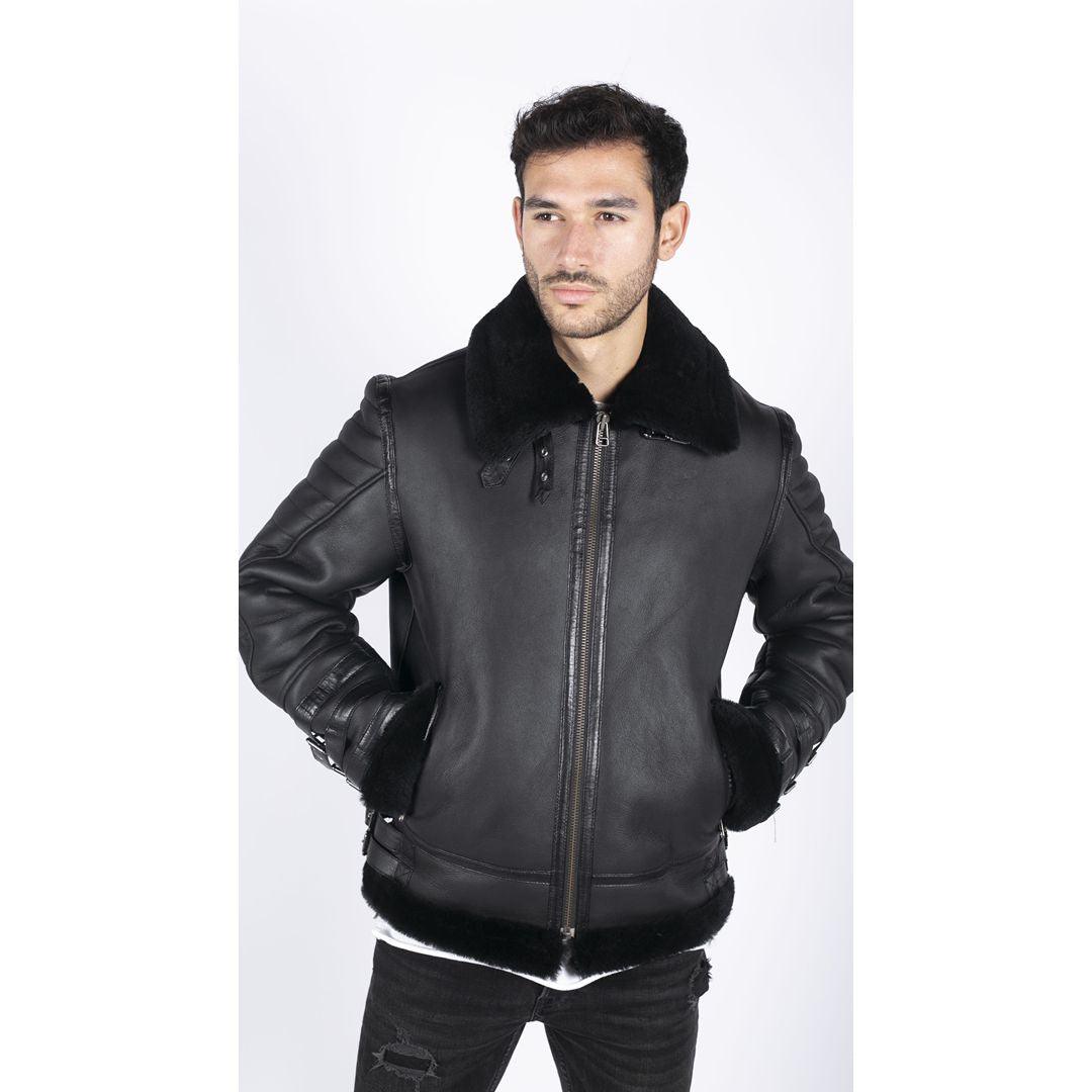 Mens Black Real Sheepskin Flying Jacket Zipped WW2 Pilot Black Winter Warm Coat - Knighthood Store