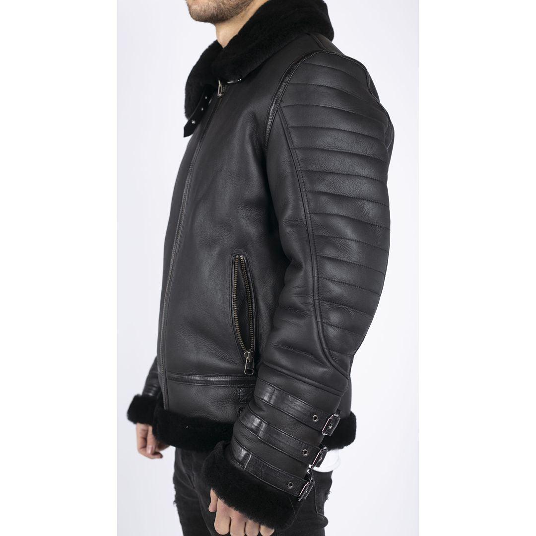 Mens Black Real Sheepskin Flying Jacket Zipped WW2 Pilot Black Winter Warm Coat - Knighthood Store