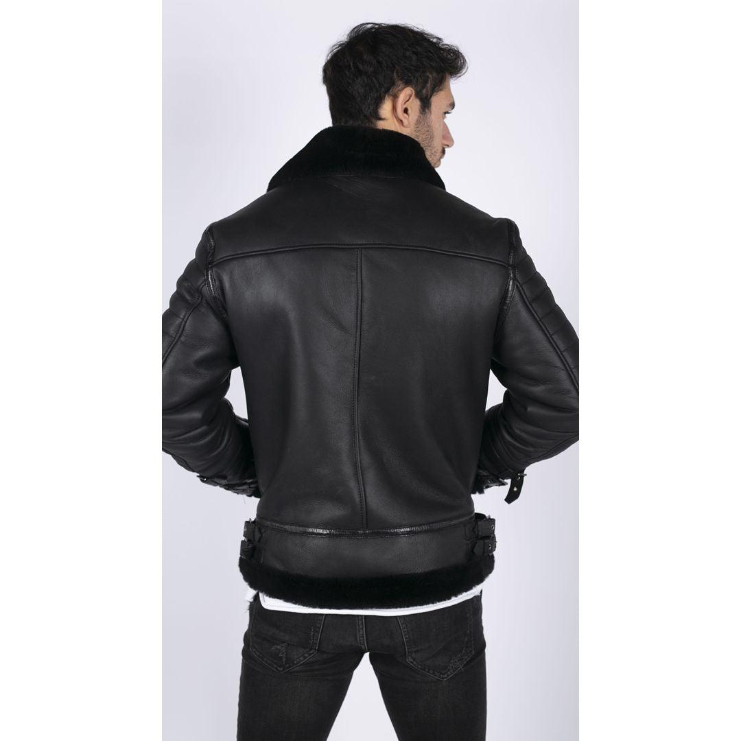 Mens Black Real Sheepskin Flying Jacket Zipped WW2 Pilot Black Winter Warm Coat - Knighthood Store