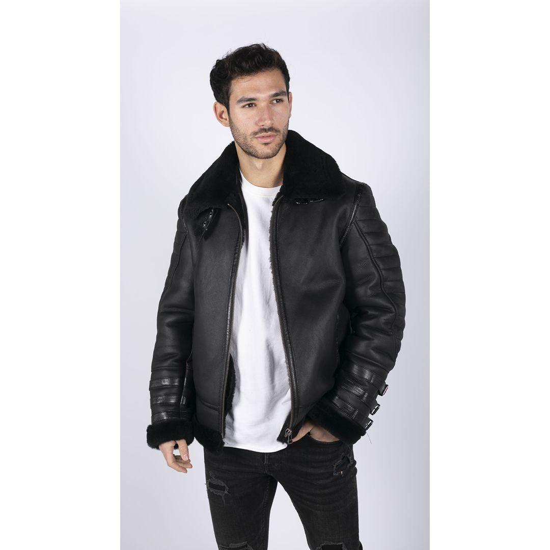 Mens Black Real Sheepskin Flying Jacket Zipped WW2 Pilot Black Winter Warm Coat - Knighthood Store