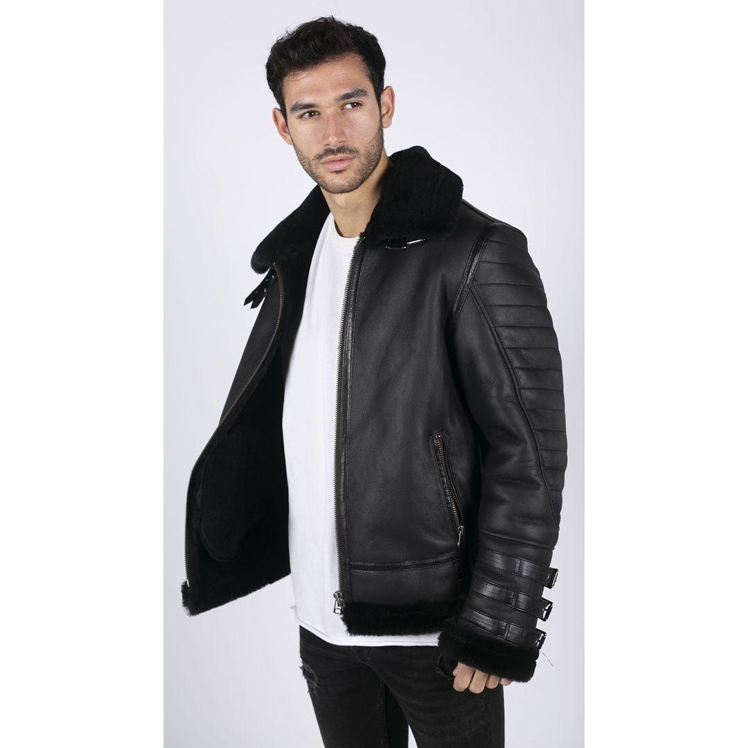 Mens Black Real Sheepskin Flying Jacket Zipped WW2 Pilot Black Winter Warm Coat - Knighthood Store