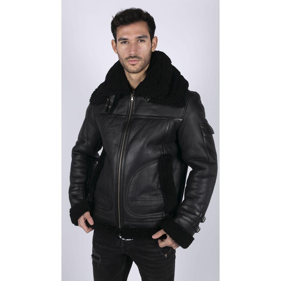 Mens Shearling Sheepskin Coat Zipped Flying Jacket Black Winter Warm Fur - Knighthood Store