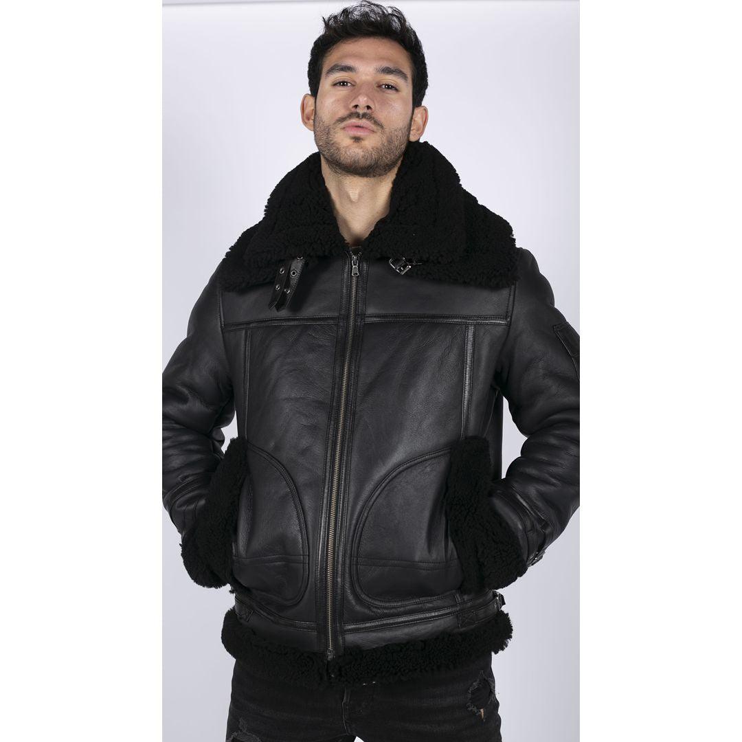 Mens Shearling Sheepskin Coat Zipped Flying Jacket Black Winter Warm Fur - Knighthood Store