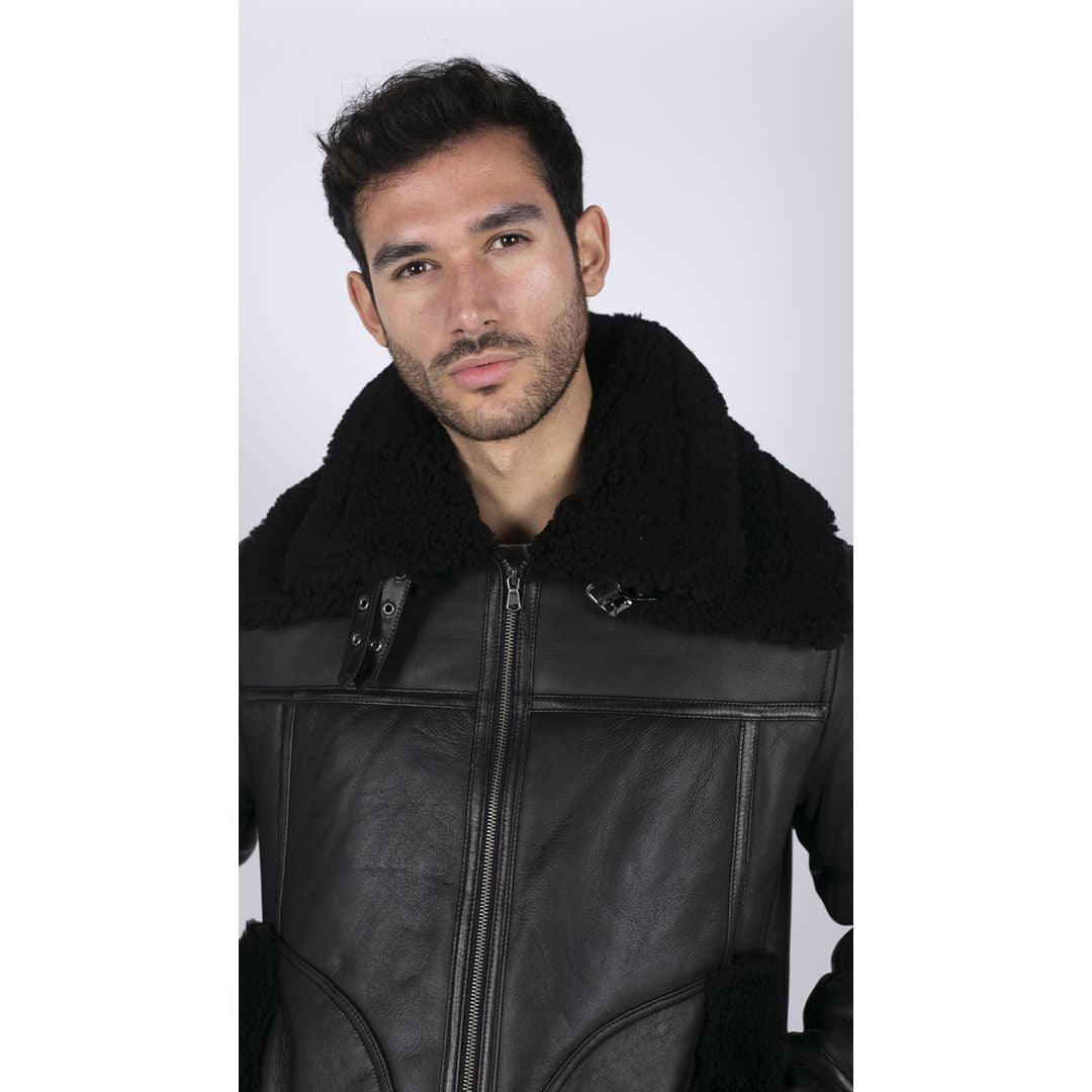 Mens Shearling Sheepskin Coat Zipped Flying Jacket Black Winter Warm Fur - Knighthood Store