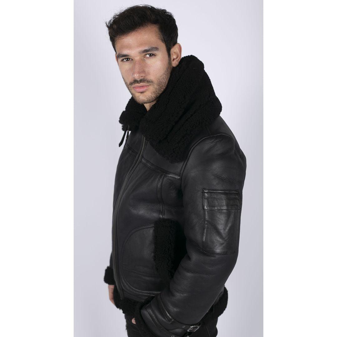 Mens Shearling Sheepskin Coat Zipped Flying Jacket Black Winter Warm Fur - Knighthood Store