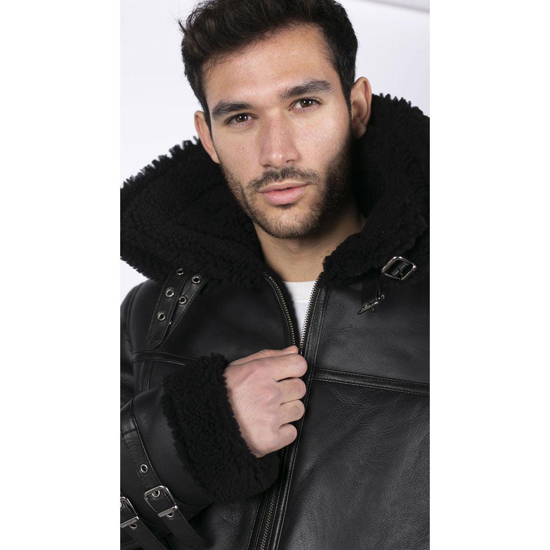 Mens Shearling Sheepskin Coat Zipped Flying Jacket Black Winter Warm Fur - Knighthood Store