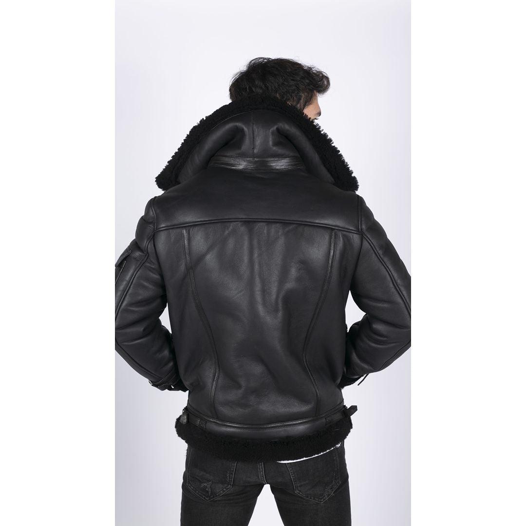 Mens Shearling Sheepskin Coat Zipped Flying Jacket Black Winter Warm Fur - Knighthood Store