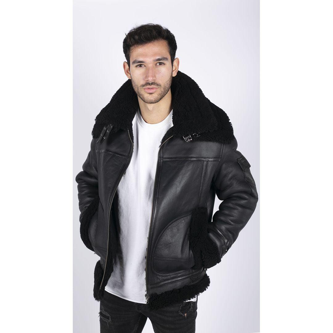 Mens Shearling Sheepskin Coat Zipped Flying Jacket Black Winter Warm Fur - Knighthood Store
